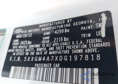 2013 Kia Optima Lx from USA, damaged, VIN 5XXGM4A7XDG197818